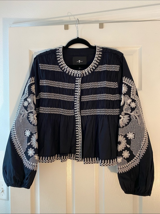 7 For All Mankind Jackets & Blazers - 7 for all Mankind: Embroidered Peasant Jacket in Navy and White